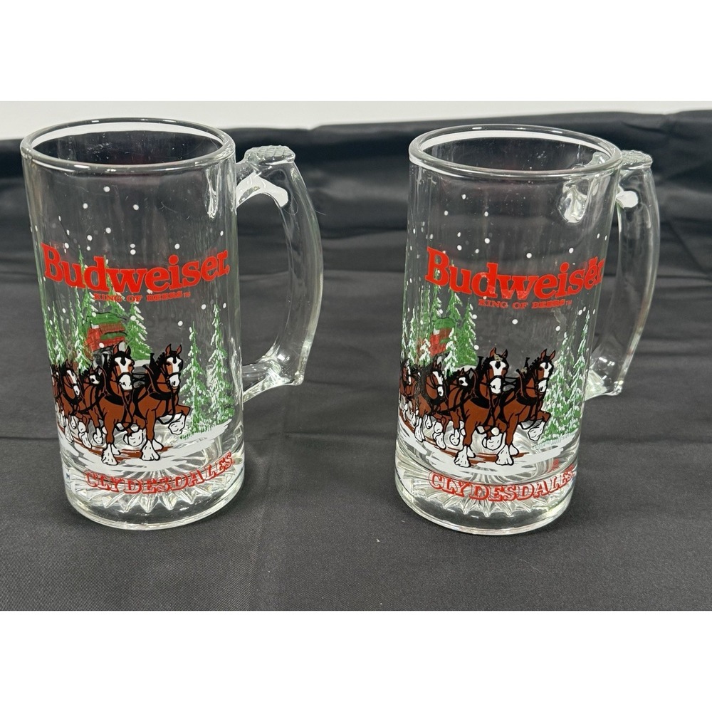 Budweiser Beer Mugs Set of 2 Clear 1989 Holiday Clydesdale Winter Scene